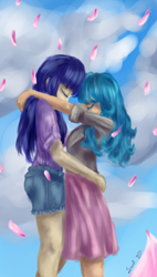 Size: 1024x1800 | Tagged: safe, artist:elisdoominika, derpibooru import, oc, oc only, oc:cosmia nebula, oc:sweet elis, human, clothes, dress, elisia, female, flower, hug, humanized, lesbian, oc x oc, petal, shipping