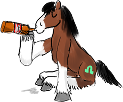 Size: 449x371 | Tagged: safe, artist:horsesplease, derpibooru import, trouble shoes, earth pony, horse, pony, alcohol, beer, bottle, budweiser, budweiser clydesdales, clydesdale, drinking, drunk, drunken shoes, hoof hold, paint tool sai, solo