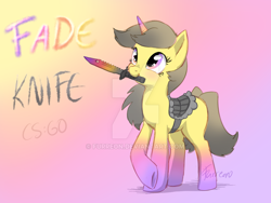 Size: 900x675 | Tagged: safe, artist:furreon, derpibooru import, oc, oc only, pony, unicorn, bayonet, counter-strike: global offensive, deviantart watermark, gradient background, looking up, signature, solo, text, watermark