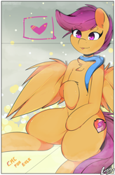 Size: 3600x5500 | Tagged: safe, artist:enryuuchan, derpibooru import, scootaloo, pegasus, pony, absurd resolution, chest fluff, clothes, cute, cutealoo, cutie mark, female, filly, heart, scarf, smiling, solo, the cmc's cutie marks, tongue out, wing fluff