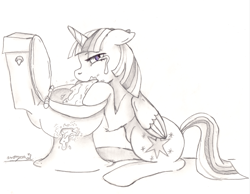 Size: 1654x1282 | Tagged: safe, artist:anonpencil, derpibooru import, twilight sparkle, twilight sparkle (alicorn), alicorn, crying, fanfic art, fimfiction, gross, lineart, monochrome, pencil drawing, sick, solo, toilet, traditional art, vomit