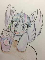 Size: 960x1280 | Tagged: safe, artist:nipa, derpibooru import, twilight sparkle, twilight sparkle (alicorn), alicorn, pony, blushing, cup, eyes on the prize, female, food, happy, mare, open mouth, smiling, solo, spread wings, table, traditional art, unicorn frappuccino, wings