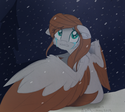 Size: 2129x1909 | Tagged: safe, artist:airfly-pony, derpibooru exclusive, derpibooru import, oc, oc only, oc:scarlett drop, pegasus, pony, cheek fluff, crying, cute, depression, female, floppy ears, large wings, mare, rcf community, snow, snowfall, solo, spread wings, tears of pain, teary eyes, teeth, wings