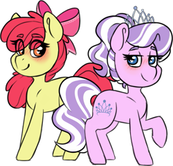 Size: 637x612 | Tagged: safe, artist:ivybrush, derpibooru import, apple bloom, diamond tiara, alternate hairstyle, blushing, diamondbloom, female, heart eyes, lesbian, older, older apple bloom, older diamond tiara, shipping, simple background, transparent background, wingding eyes