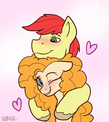 Size: 900x1000 | Tagged: safe, artist:neoncel, bright mac, pear butter, pony, the perfect pear, blushing, brightbutter, female, grin, heart, hug, male, one eye closed, shipping, signature, smiling, straight