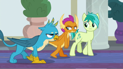 Size: 1280x720 | Tagged: safe, derpibooru import, screencap, gallus, sandbar, smolder, dragon, earth pony, griffon, pony, school daze, spoiler:s08, dragoness, female, male, teenager, trio, walking