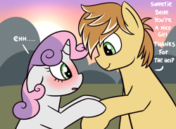 Size: 1300x950 | Tagged: dead source, safe, artist:radek1212, feather bangs, sweetie belle, pony, hard to say anything, bedroom eyes, blushing, crush, dialogue, female, floppy ears, looking at each other, male, shipping, smiling, straight, sunset, sweetiebangs