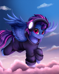 Size: 2855x3587 | Tagged: safe, artist:pridark, derpibooru import, oc, oc only, oc:lost, pegasus, pony, clothes, commission, flying, headphones, high res, looking at you, male, smiling, solo, stallion