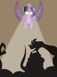 Size: 900x1200 | Tagged: safe, artist:alloco, derpibooru import, lord tirek, twilight sparkle, twilight sparkle (alicorn), alicorn, pony, female, fight, flying, glowing eyes, good vs evil, mare, silhouette, simple background