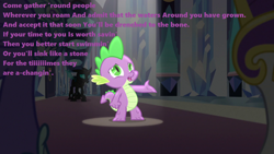 Size: 1280x720 | Tagged: safe, edit, edited screencap, screencap, spike, dragon, dungeons and discords, the times they are a changeling, bob dylan, crystal empire, crystal palace, singing, solo, song, song reference, spotlight, the times they are a-changin