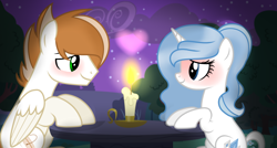 Size: 1024x549 | Tagged: safe, artist:starglaxy, derpibooru import, oc, oc only, oc:crystal fairest, oc:light feather, hybrid, pegasus, pony, unicorn, base used, candle, female, interspecies offspring, male, mare, night, oc x oc, offspring, offspring shipping, parent:flash sentry, parent:rarity, parent:spike, parent:twilight sparkle, parents:flashlight, parents:sparity, shipping, stallion, straight