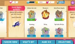 Size: 1024x600 | Tagged: safe, braeburn, carrot top, daisy, flower wishes, golden harvest, half baked apple, junebug, pony, app, apple family member, gameloft, lidded eyes, recolor, sprinkle stripe