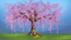 Size: 1920x1080 | Tagged: safe, artist:elisdoominika, derpibooru import, oc, oc:amber, oc:sweet elis, female, flower, kissing, lesbian, tree, tulpa