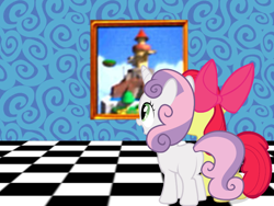 Size: 800x600 | Tagged: artist needed, safe, derpibooru import, edit, apple bloom, sweetie belle, checkered floor, super mario 64, super mario bros., whomp's fortress