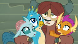 Size: 1280x720 | Tagged: safe, derpibooru import, screencap, gallus, ocellus, smolder, yona, changedling, changeling, dragon, griffon, yak, school daze, bow, castle of the royal pony sisters, cloven hooves, cute, diaocelles, dragoness, female, gallabetes, hair bow, hug, smderbetes, yonadorable