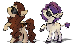 Size: 710x435 | Tagged: safe, artist:karmadash, derpibooru import, oc, oc only, oc:krystal feathers, oc:nikki, hybrid, pegasus, pony, zonkey, female, mare, missing cutie mark, quadrupedal, shadow, simple background, sunglasses, transparent background