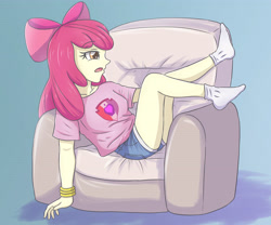 Size: 3897x3248 | Tagged: safe, artist:sumin6301, derpibooru import, apple bloom, equestria girls, bow, chair, clothes, female, hair bow, open mouth, shirt, shorts, socks, solo