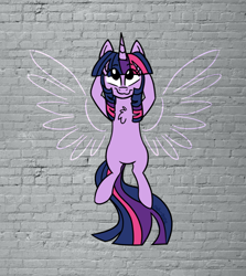 Size: 800x897 | Tagged: safe, artist:pink-pone, derpibooru import, twilight sparkle, pony, unicorn, arm behind head, chalk drawing, chest fluff, solo, wall, wings