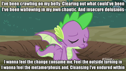 Size: 1920x1080 | Tagged: safe, derpibooru import, edit, edited screencap, screencap, spike, dragon, molt down, crater, forty six & 2, image macro, lyrics, male, meme, solo, song reference, text, tool (band), winged spike