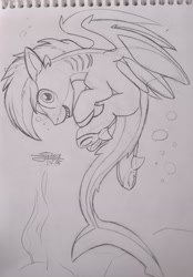 Size: 2212x3170 | Tagged: safe, artist:airfly-pony, derpibooru import, oc, oc only, oc:shark bite, original species, shark, shark pony, back, cute, design, design a pony, fins, gills, lineart, long tail, looking at you, male, nostrils, ocean, rcf community, shark tail, shark teeth, sharp ears, sharp teeth, short hair, short mane, smiling, solo, stallion, strange pose, swimming, teeth, underhoof, wings