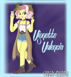 Size: 3624x3928 | Tagged: safe, artist:cyber-murph, derpibooru import, vignette valencia, better together, equestria girls, rollercoaster of friendship, spoiler:eqg specials, breasts, cellphone, cleavage, clothes, iphone, me my selfie and i, peace sign, phone, shorts, signature