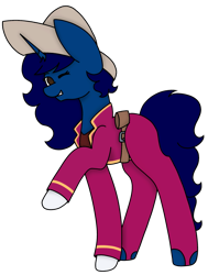 Size: 1553x2055 | Tagged: safe, artist:midnightamber, derpibooru import, oc, oc only, oc:midnight, alicorn, pony, alicorn oc, belt, clothes, cosplay, costume, disney, female, gloves, hat, holster, mare, one eye closed, panchito pistoles, simple background, solo, sombrero, the three caballeros, transparent background, wink