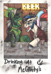 Size: 1500x2147 | Tagged: safe, artist:champ, derpibooru import, oc, oc:scotch macmanus, oc:vilevick, pony, alcohol, bar, barbell piercing, beer, beer bottle, buddies, clothes, collar, draft horse, drinking, drunk, ear piercing, earring, epaulettes, fangs, flannel, glass, ice cube, jacket, jewelry, laughing, leather jacket, male, marker drawing, mohawk, necklace, nose piercing, nose ring, piercing, polaroid, popped collar, shot glass, sideburns, spiked collar, spilled drink, stallion, table, traditional art, unshorn fetlocks, whiskey