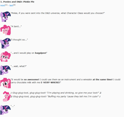 Size: 836x793 | Tagged: safe, artist:dziadek1990, derpibooru import, pinkie pie, twilight sparkle, earth pony, pony, bagpipes, bard, chocolate, chocolate milk, conversation, description is relevant, dialogue, dungeons and dragons, emote story, emote story:ponies and d&d, emotes, fantasy class, loot, milk, reddit, rpg, slice of life, song, tabletop game, text