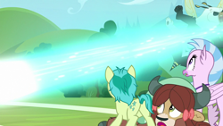 Size: 1280x720 | Tagged: safe, derpibooru import, screencap, sandbar, silverstream, yona, bugbear, classical hippogriff, hippogriff, a matter of principals, blast, butt, magic, magic beam, magic blast, plot