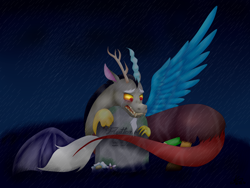 Size: 4128x3096 | Tagged: safe, artist:clarissa0210, discord, absurd resolution, crying, gravestone, immortality blues, rain, sad, solo