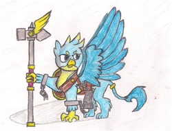 Size: 1571x1203 | Tagged: safe, artist:infinita est lux solis, derpibooru import, gallus, griffon, colored pencil drawing, dagger, fighter, loincloth, pathfinder, scale armor, scale mail, shackles, shield, traditional art, war hammer, weapon