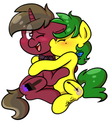 Size: 2043x2248 | Tagged: safe, artist:befishproductions, oc, oc only, oc:lemon twist, oc:willow, pony, female, kiss on the cheek, kissing, lesbian, oc x oc, shipping, signature, simple background, transparent background