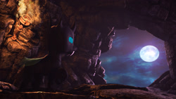 Size: 2880x1620 | Tagged: safe, artist:apexpredator923, derpibooru import, changeling, 3d, cavern, moon, night, solo