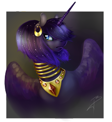 Size: 3596x3908 | Tagged: safe, artist:dragonademetal, derpibooru import, oc, oc only, oc:lady ariella, alicorn, pony, abstract background, alicorn oc, ear piercing, earring, ethereal mane, female, gift art, jewelry, looking sideways, mare, neck rings, necklace, peytral, piercing, solo, starry mane