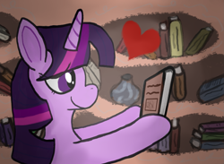 Size: 2277x1669 | Tagged: safe, artist:akuneanekokuro, derpibooru import, twilight sparkle, unicorn twilight, pony, unicorn, book, digital art, female, heart, mare, smiling, solo, that pony sure does love books