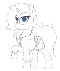 Size: 1221x1456 | Tagged: safe, artist:woonasart, derpibooru import, oc, oc only, unicorn, clothes, colored pupils, female, hoodie, lingerie, mare, monochrome, sketch, socks