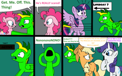 Size: 978x610 | Tagged: safe, artist:didgereethebrony, derpibooru import, applejack, pinkie pie, rarity, twilight sparkle, twilight sparkle (alicorn), oc, oc:didgeree, alicorn, earth pony, pony, unicorn, comic:wreck of the renaissance, electrical failure, power outage