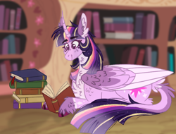 Size: 962x731 | Tagged: safe, artist:wanderingpegasus, derpibooru import, twilight sparkle, twilight sparkle (alicorn), alicorn, pony, book, female, golden oaks library, leonine tail, mare, reading, smiling, solo