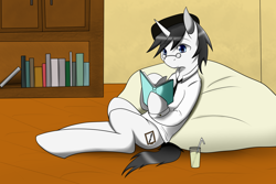 Size: 2400x1600 | Tagged: safe, artist:dualitydot, derpibooru import, oc, oc only, oc:schwarz, book, bookshelf, glass, reading, solo