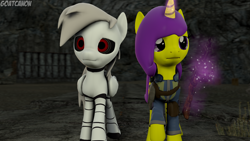 Size: 3840x2160 | Tagged: safe, artist:goatcanon, derpibooru import, oc, oc:lemontwist, oc:servo, pony, robot, robot pony, unicorn, fallout equestria, 3d, clothes, combat shotgun, crossover, duo, fallout, levitation, magic, source filmmaker, telekinesis, vault suit