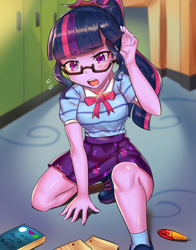 Size: 800x1018 | Tagged: safe, artist:tzc, derpibooru import, sci-twi, twilight sparkle, human, better together, equestria girls, anime, blushing, book, bowtie, clothes, female, geode of telekinesis, glasses, legs, lockers, paper, pen, ponytail, shirt, shoes, skirt, socks, solo, upskirt denied