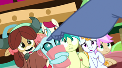 Size: 1280x720 | Tagged: safe, derpibooru import, screencap, iron will, ocellus, sandbar, strawberry scoop, summer meadow, yona, a matter of principals, friendship student, pointing, scared