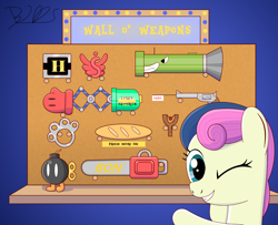 Size: 2306x1875 | Tagged: safe, artist:trackheadtherobopony, derpibooru import, bon bon, sweetie drops, baguette, bob-omb, boxing glove, brass knuckles, bread, chainsaw, contra, food, gun, handgun, heavy machine gun, looking at you, metal slug, one eye closed, revolver, rocket launcher, slingshot, solo, spread gun, super mario bros., wall, weapon, wink