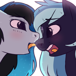 Size: 1024x1024 | Tagged: safe, artist:sugguk, derpibooru import, oc, oc only, oc:lullaby, oc:spectrum lights, bat pony, pony, duo, female, licking, mare, tongue out, watermark