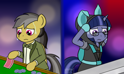 Size: 1500x900 | Tagged: safe, artist:phallen1, derpibooru import, daring do, oc, oc:midnight oil (daringverse), alternate hairstyle, alternate outfits, alternate universe, atg 2018, bowtie, bunny ears, casino, clothes, costume, dangerous mission outfit, daringverse, frown, glasses, hoodie, looking down, newbie artist training grounds, playing card, poker, split screen, sweat, texas hold'em