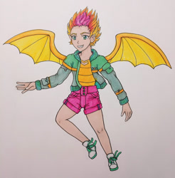 Size: 626x637 | Tagged: safe, artist:metalamethyst, derpibooru import, smolder, human, bomber jacket, clothes, female, flying, horned humanization, humanized, jacket, multicolored hair, shoes, short hair, shorts, simple background, sneakers, solo, traditional art, winged humanization, wings