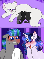 Size: 1537x2048 | Tagged: safe, artist:kindheart525, artist:peep-dis, derpibooru import, oc, oc only, oc:radiant jewel, oc:storm strike, oc:taaffeite, cat, pegasus, pony, unicorn, allergies, bloodshot eyes, breastfeeding, comic, ear piercing, earring, handkerchief, jewelry, kindverse, kitten, nonsexual nursing, nose wrinkle, nursing, offspring, parent:blossomforth, parent:fancypants, parent:rarity, parent:thunderlane, parents:blossomlane, parents:raripants, pet oc, piercing, red nosed, suckling, tissue