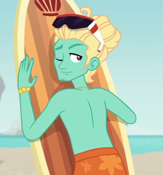 Size: 670x720 | Tagged: safe, derpibooru import, screencap, zephyr breeze, better together, blue crushed, equestria girls, clothes, cropped, gladys, male, one eye closed, partial nudity, smiling, stupid sexy zephyr breeze, sunglasses, surfboard, topless