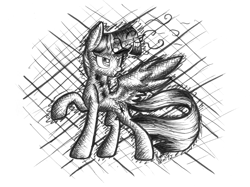 Size: 2870x2150 | Tagged: safe, artist:nightpaint12, derpibooru import, twilight sparkle, twilight sparkle (alicorn), alicorn, pony, crosshatch, grayscale, magic, monochrome, solo, traditional art