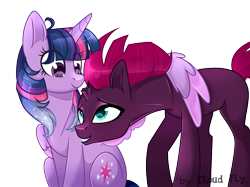 Size: 1630x1220 | Tagged: safe, artist:cloud-fly, derpibooru import, tempest shadow, twilight sparkle, twilight sparkle (alicorn), alicorn, pony, female, hug, lesbian, shipping, simple background, tempestlight, transparent background, winghug